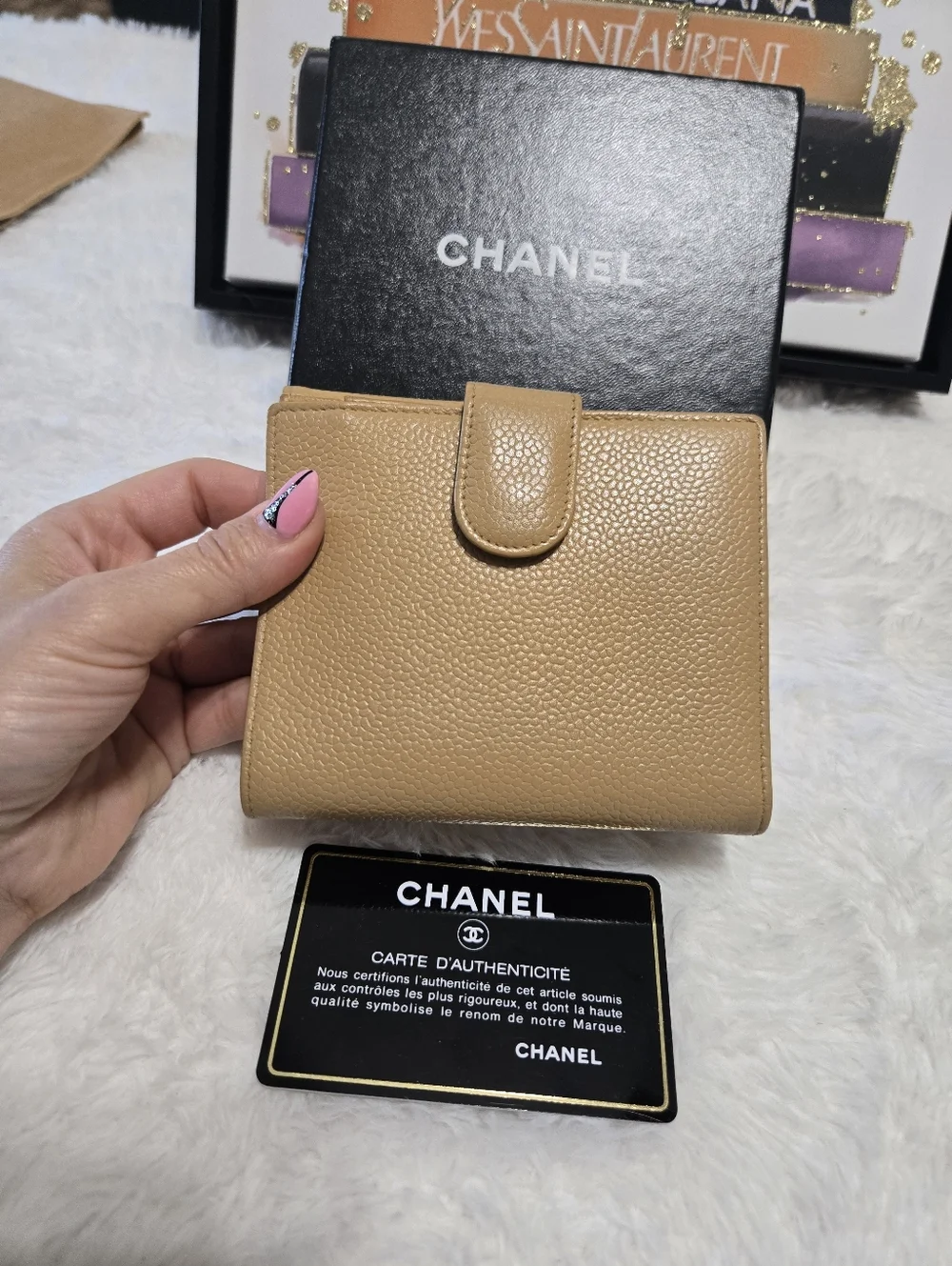 Chanel Caviar Leather Compact Beige Wallet EUC